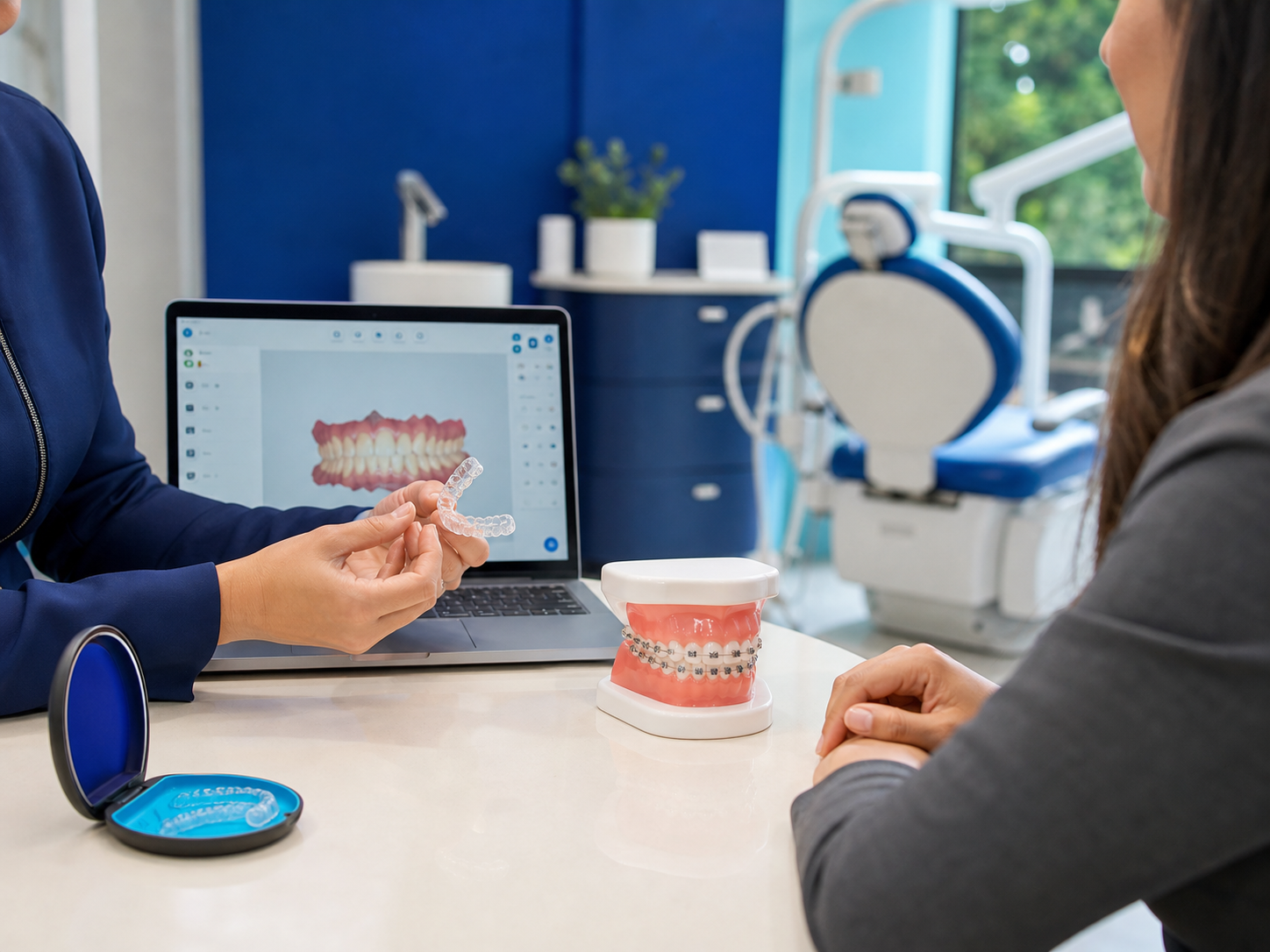 Consulta ortodôntica com modelo dental e orientação profissional